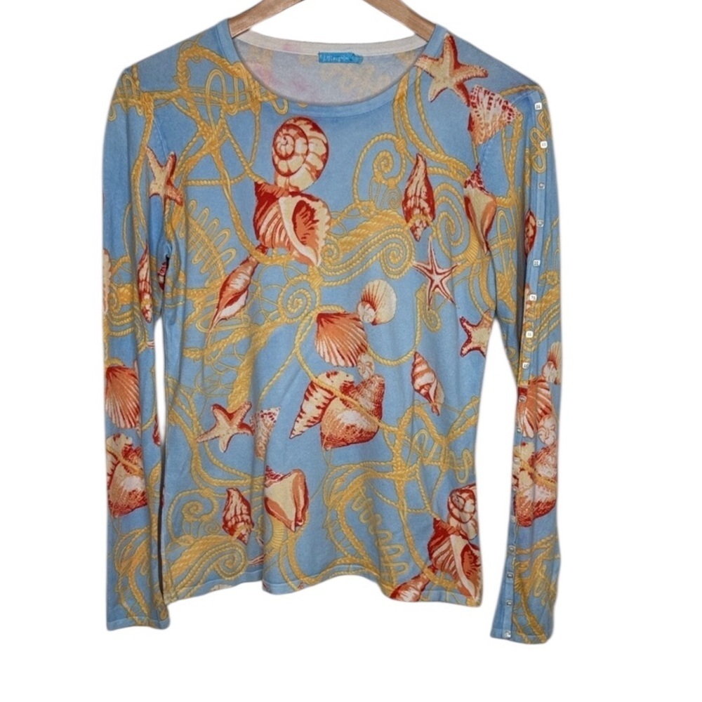 J. McLaughlin Blue Gold Seashell Button Pullover Sweater Women Size S BLEMISH